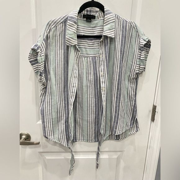 🌟🛍️ SANCTUARY linen cotton blend striped button down tie blouse Large L EUC - Picture 4 of 8